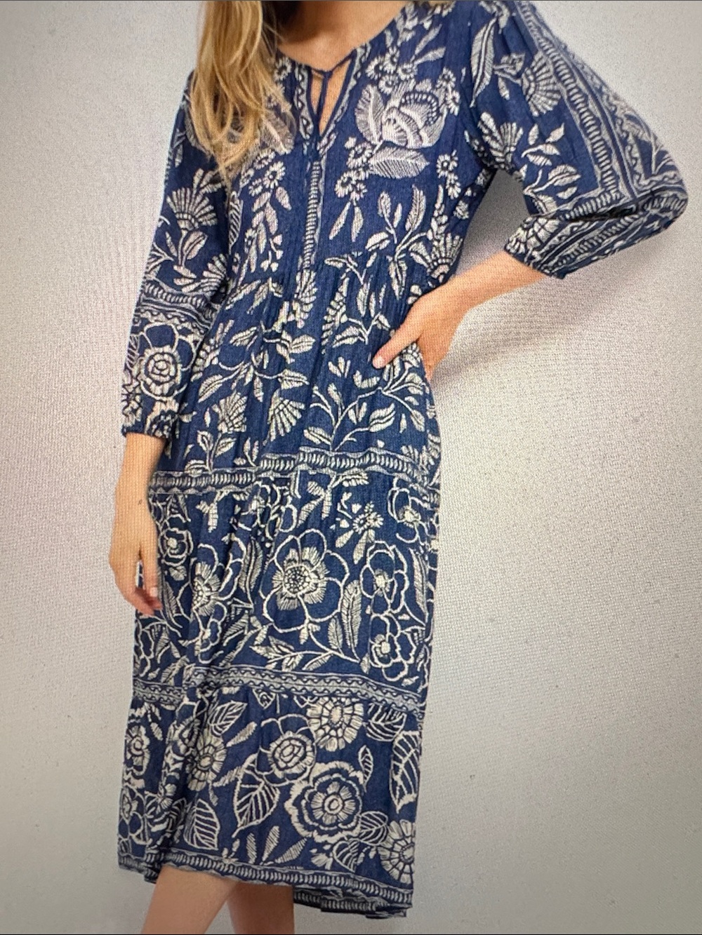 Johnny Was Navy and White Floral Midi Tiered Dress
